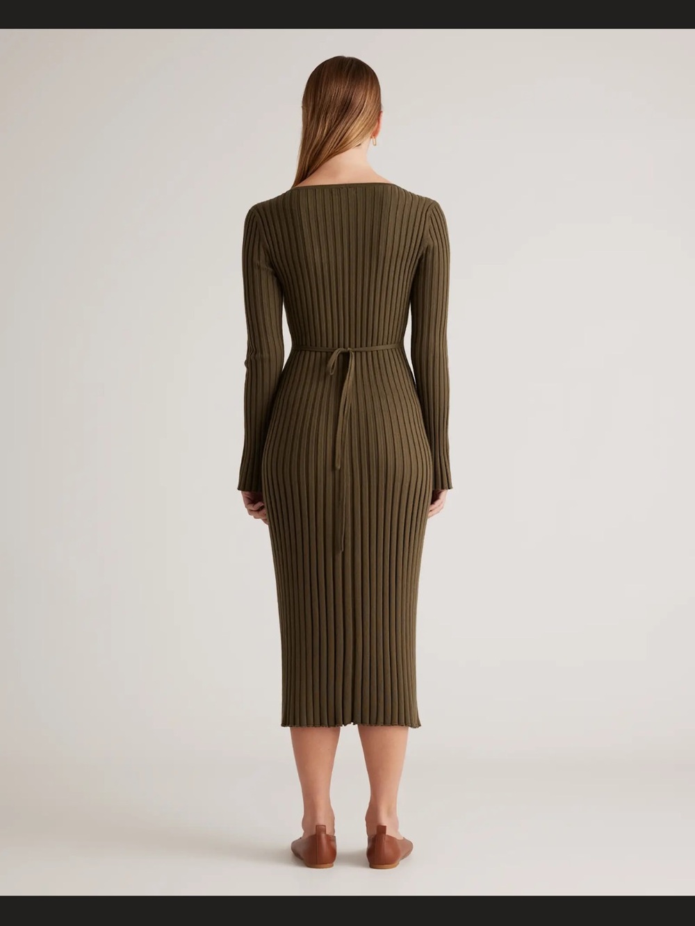 Quince Cotton Cashmere Ribbed V-Neck Midi Sweater Dress XS olive